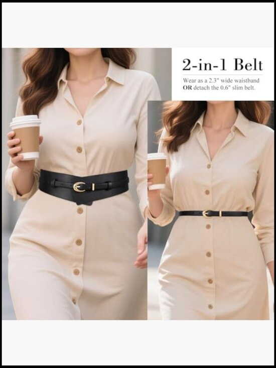 Women\'s Wide PU Leather Belt 2-in-1 Waistband with Skinny Belt for Dress Suits main image 5